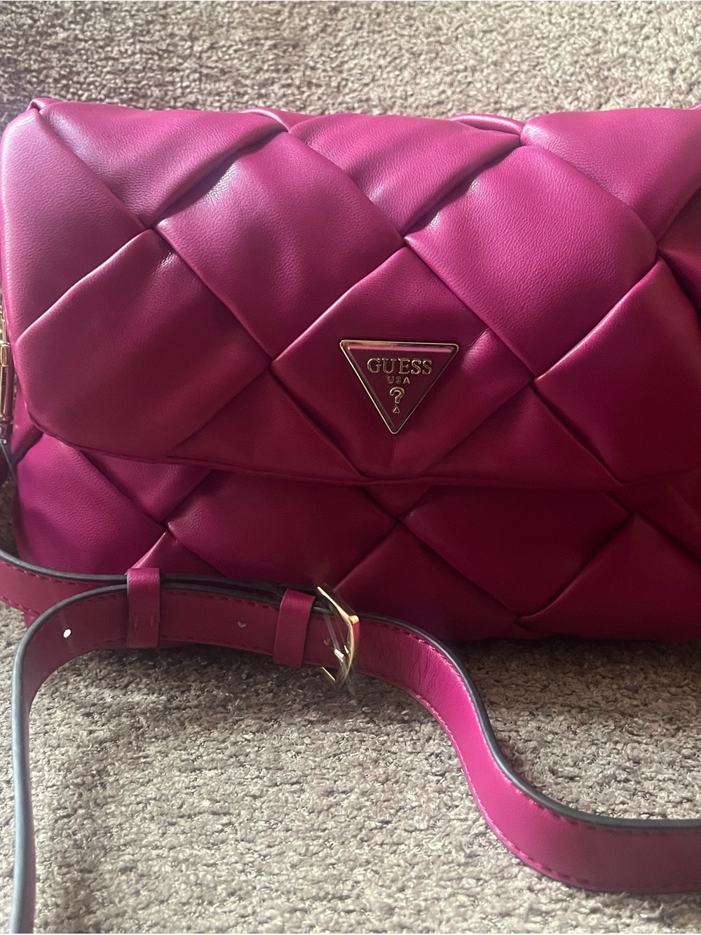 GUESS Quilted Magenta Crossbody Bag with Gold Logo